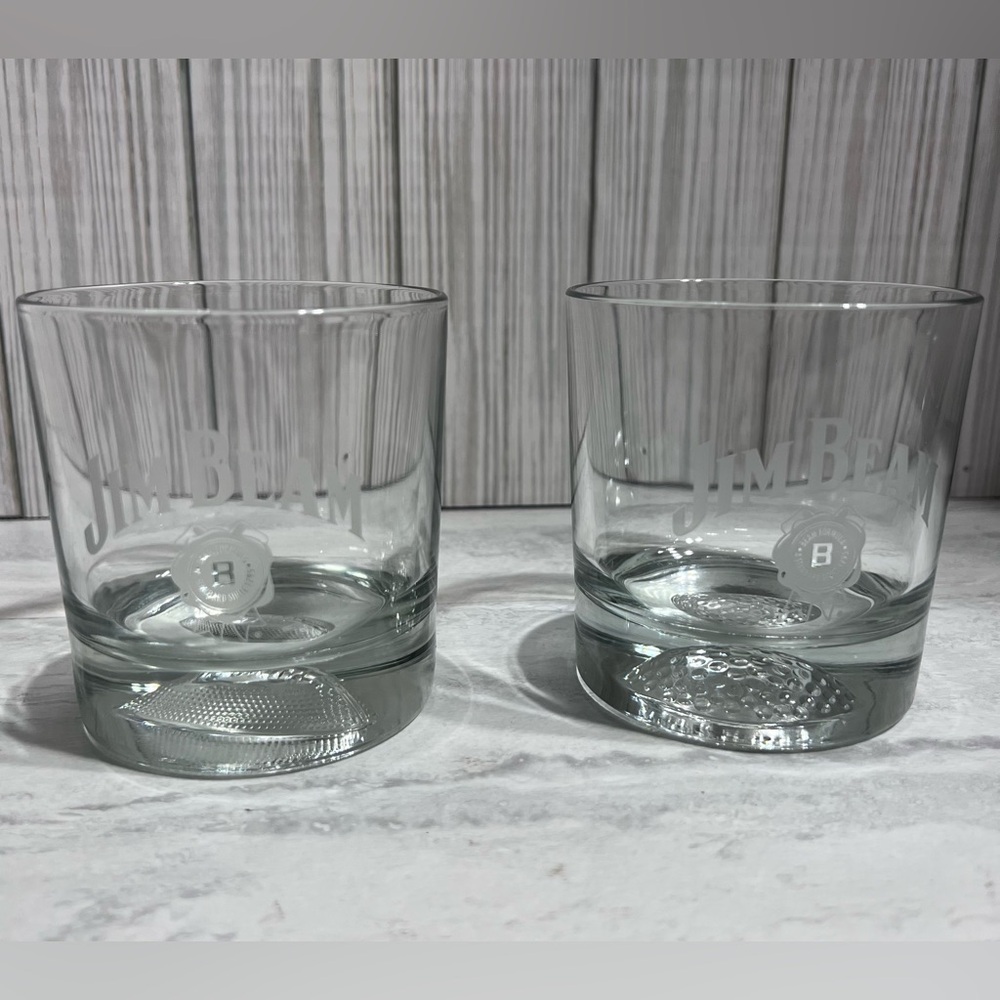 JIM BEAM WHISKEY ON THE ROCKS CONCAVE FOOTBALL & GOLF BALL DRINKING GLASSES (2)